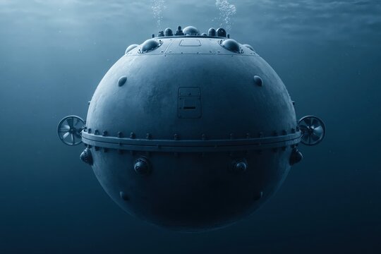 A vintage spherical submarine with propellers and rivets, submerged in deep blue ocean water, releasing bubbles.