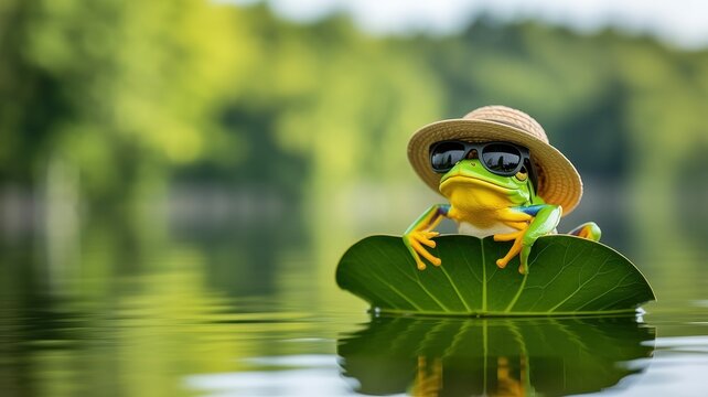 Bright green frog wearing a straw hat and sunglasses on a lily pad