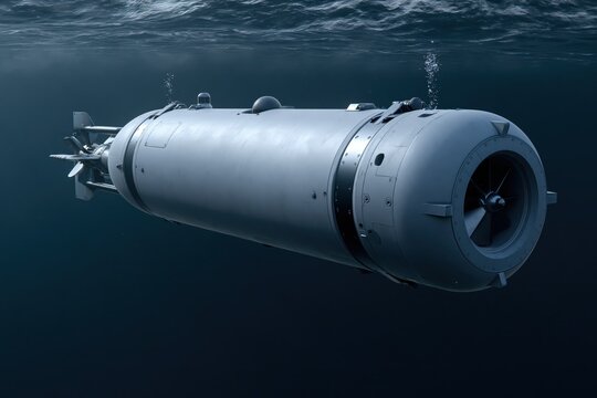 A sleek, modern torpedo or underwater drone navigates through deep blue ocean waters, emitting small bubbles.