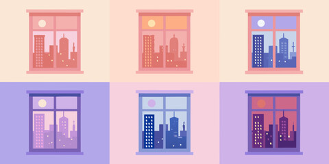 Obraz premium Cityscape Window Views Flat Vector Illustration With Pastel Backgrounds