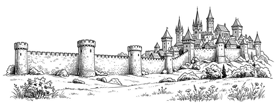 Medieval castle fortress with stone wall tower and hill landscape