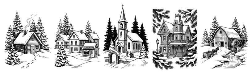 Fototapeta premium Christmas winter village element set with cabin church house watermill