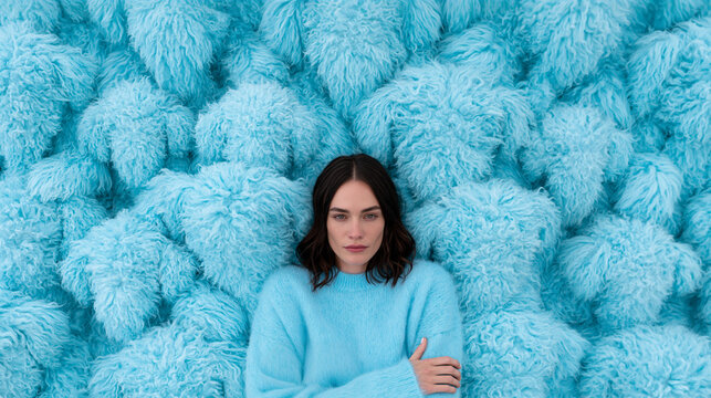 Young  woman  in cozy blue knitwear. Happy female model posing against fluffy faux fur texture background