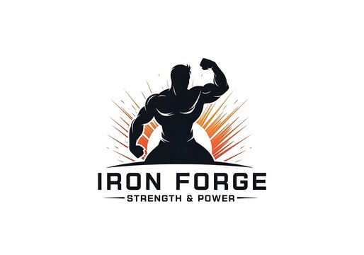 Muscular bodybuilder silhouette logo design for gym and fitness center with iron forge text
