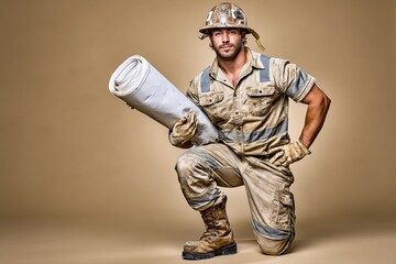 Fototapeta premium Muscular construction worker in uniform and hard hat holding blueprints, kneeling confidently.