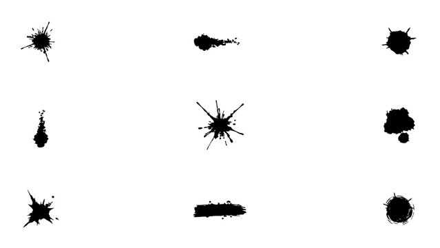 Collection of Nine Abstract Black Ink Splatter Shapes and Brush Strokes Featuring White, Stroke, Stain with Drop and Splash Elements for Grunge