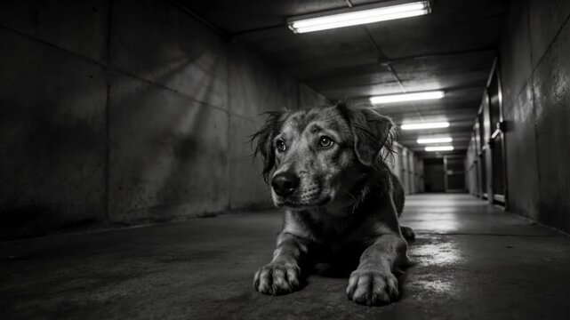 Noticing motion, medium dog lifting head and watching down concrete corridor, radial shadow
