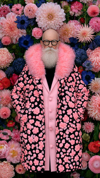 man wearing floral patterned coat with vibrant flowers. Elegant male model