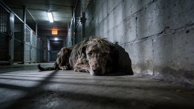 Shifting brown dog lifting head in corridor with metal cages, reacting to camera approach