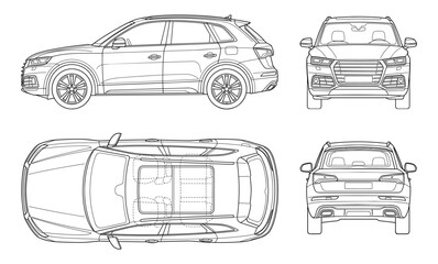 Fototapeta premium Crossover car blueprint from side front top and back view