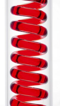 Colored Liquid Flowing Through Spiral Tube. Red, orange and yellow fluid travels through a transparent coil on a white background.