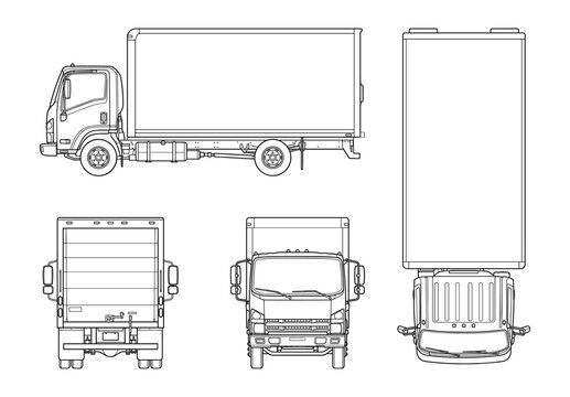 Cargo truck blueprint from side front top and back view