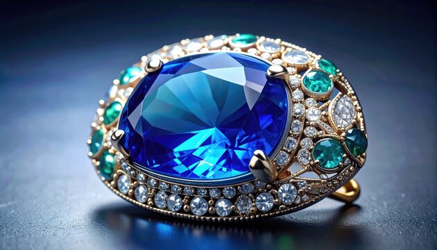 Elegant Blue Gemstone Ring with Green Diamonds on Gold Band