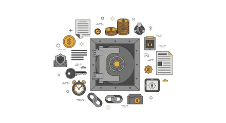 Fototapeta premium Financial Security and Data Protection Concept - Bank Vault with Business Icons and Money