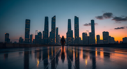 Fototapeta premium Cinematic silhouette of a person walking on a wet bridge pathway towards a modern city skyline at dusk with reflections.