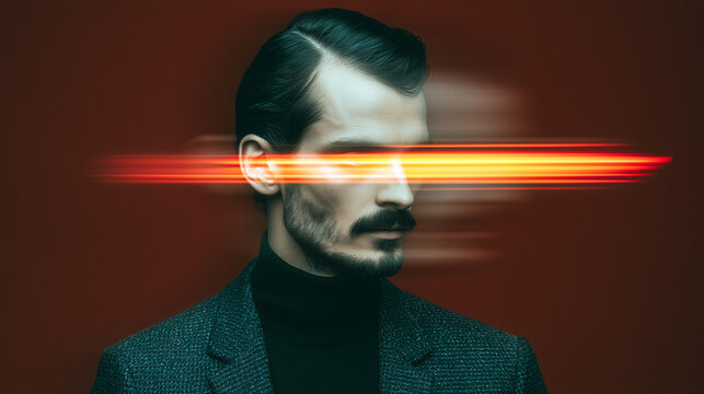 Abstract portrait of a businessman with light motion blur representing artificial intelligence and digital vision or depicting blocked eyesight by wealth