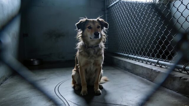 Sitting dog tilting head, twitching ears, responding to motion by chainlink fence at kennel, collar