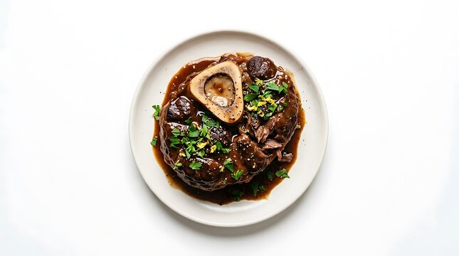 Delicious osso buco veal shank served with herbs on a white plate. veal osso bucco