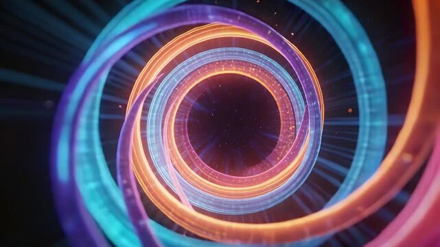 Moving camera exposing teal pink spiral twisting into dark center, revealing inner loops and sparks