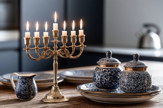 Lit golden menorah with blue dinnerware. Festive holiday table.
