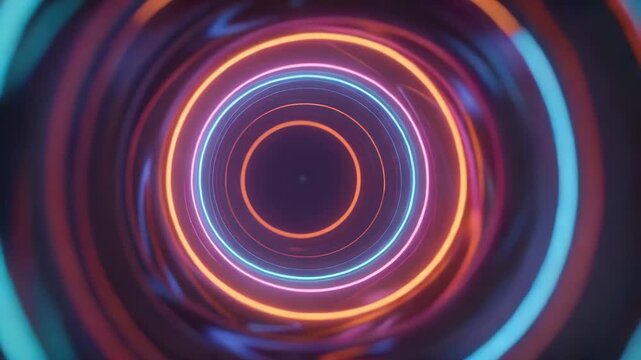 Loop pushing camera through neon tunnel, pink-cyan-orange rings spiraling to dark core for loop