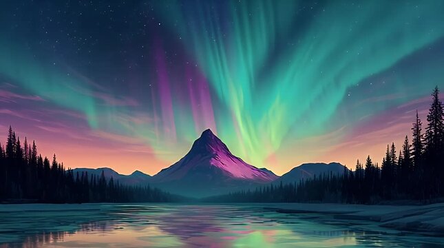 Northern lights dancing over pyramid mountain and calm lake reflection in a cinematic wide panning shot for nature and tourism marketing