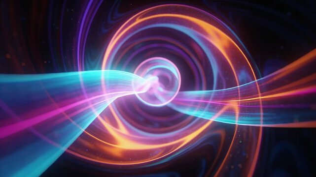 Entering from right cyan-magenta ribbons twisting toward core in void, with orange rings and dust