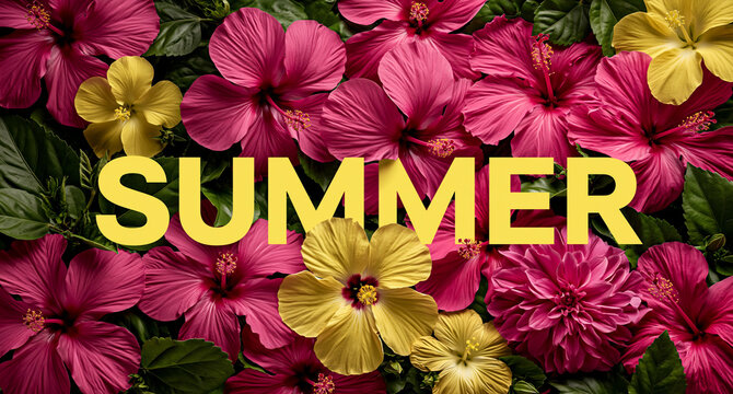 Vibrant summer flowers with bold yellow text overlay. Bright seasonal blooms celebrating warm sunny days and outdoor festivities.