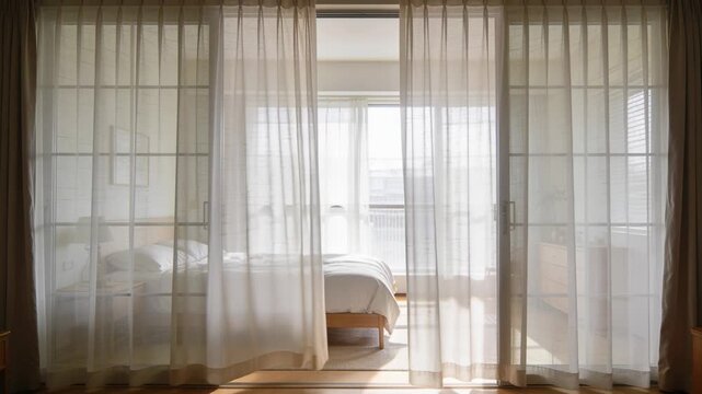 Gentle gust catching sheer white curtains billowing across sliding door in bedroom, revealing bed
