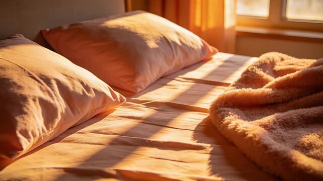 Moving sunlight entering right window in bedroom as sun shifts, lighting peach pillows and throw