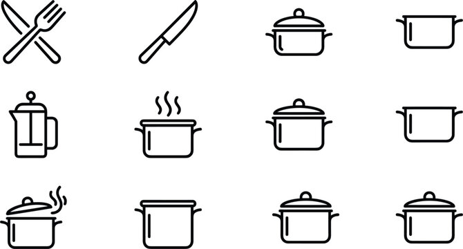Kitchen cooking utensils and pots line icon set for restaurant menu website interface and culinary instruction graphic designs