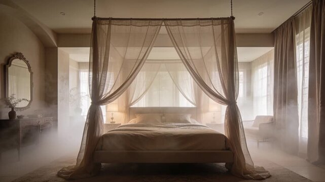Seeding haze drifting across master bedroom floor, enveloping four-poster canopy bed with sheers
