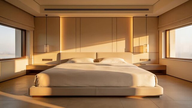 Sun moving, shifting sunlight crossing low king bed in sunlit bedroom, with large windows