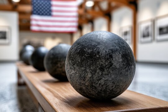 Iron cannonballs on a wood bench in a museum. Historical war decor.