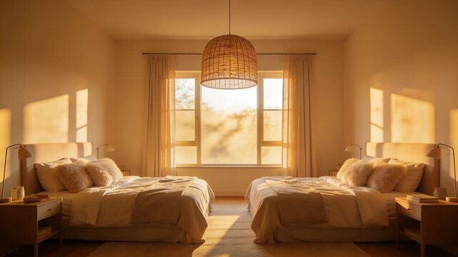 Shifting sunlight through 3-pane window in bedroom, sun angle nudging shadows across two beds, lamp