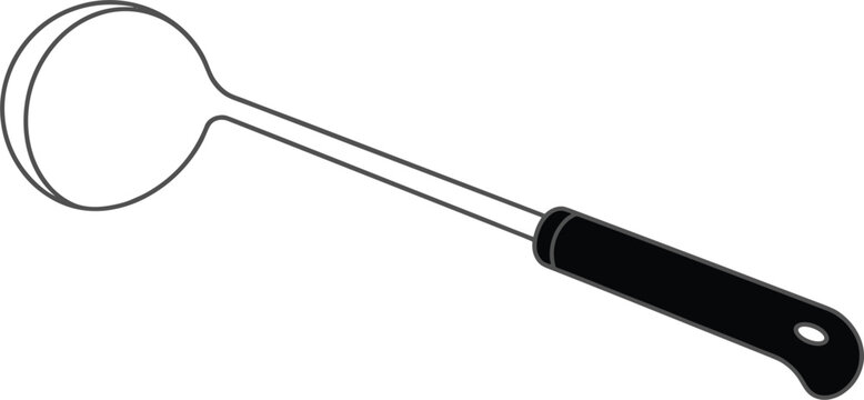 Kitchen soup ladle vector illustration with black ergonomic handle for cooking serving hot meals stew broth and culinary preparation