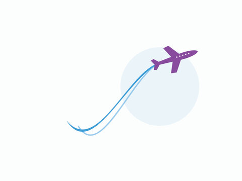 Purple airplane taking off on blue flight path. Modern jetliner ascending on curved trajectory for travel and aviation concepts.
