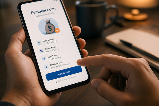 Hand hesitating over loan application button on smartphone