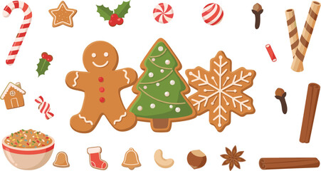 Naklejka premium Christmas Gingerbread Cookie Collection Featuring Gingerbread Man Tree Snowflake Candy Cane Spices and Festive Sweet Decorations