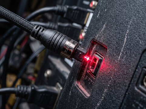 Optical audio cable plugged into the digital audio port of a television with red light glowing