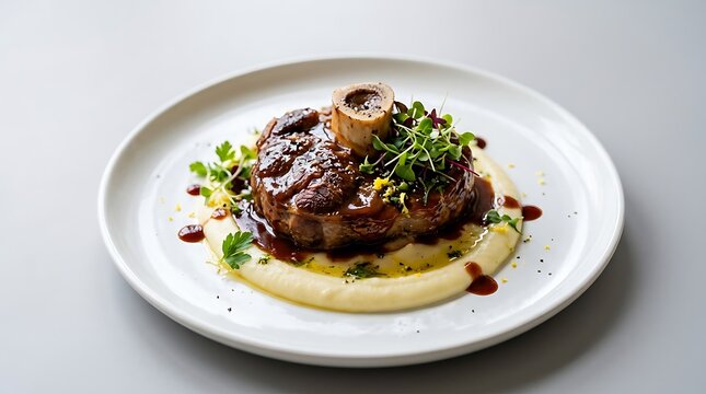 Delicious veal osso buco dish served with fresh herbs on a white ceramic plate. veal osso bucco