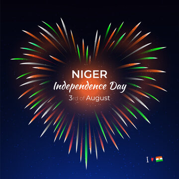 3rd of august, niger independence day. Nigerien heart shaped colorful fireworks flag on blue night sky background. Niger national holiday august 3. Independence day greeting card. Vector illustration
