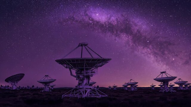 Recording main radio dish on remote plain while Earth rotating Milky Way drifting camera pushing in