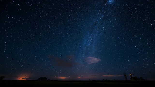 Drifting cloud bank moving from right across Milky Way band over plain, revealing stars and tower