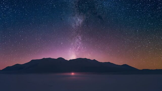 Revealing dark mountain ridge showing horizon glow emerging over salt flat at night, with Milky Way