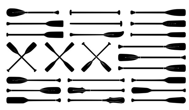 Wooden Boat Oars Black Silhouette Vector Icon Set Isolated on White Background