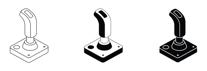 Retro joystick game controller icon set. Three variations of a joystick icon in black and white line art and silhouette vector illustration. Retro gaming joystick icon set. gaming and technology symbo © muni