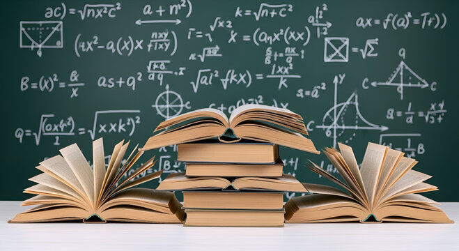 Stacks of open textbooks arranged neatly on a table against a green chalkboard filled with complex math formulas and scientific equations.