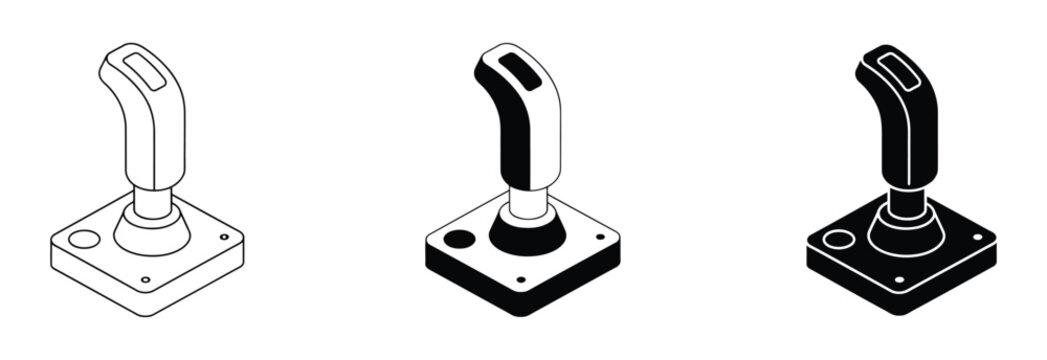 Retro joystick game controller icon set. Three variations of a joystick icon in black and white line art and silhouette vector illustration. Retro gaming joystick icon set. gaming and technology symbo