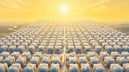 Fototapeta premium Miniature white market stalls arranged in a massive grid pattern. Golden sunset light shines over the vast landscape.